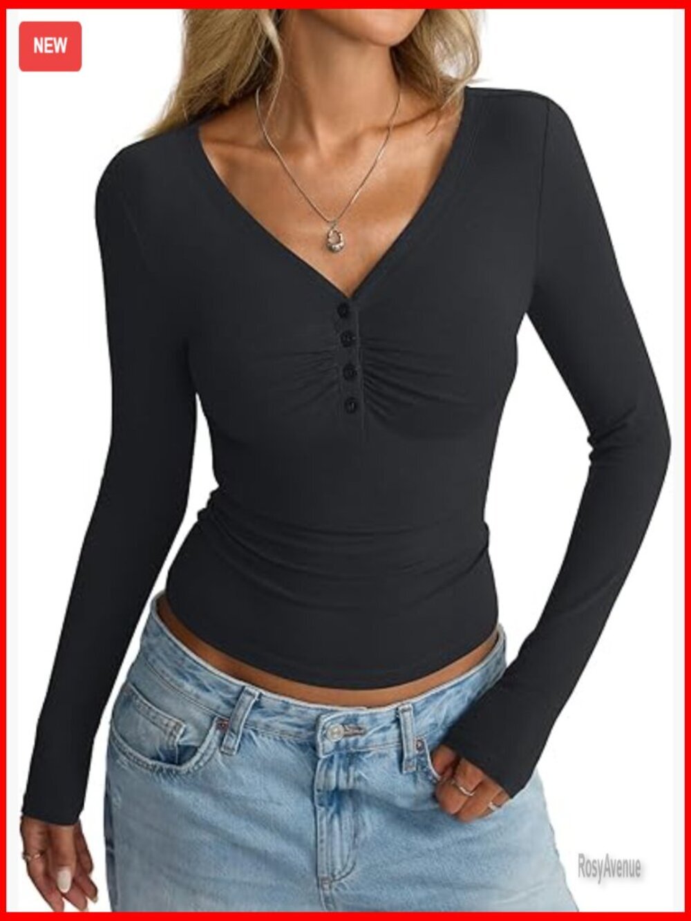 Long Sleeve V Neck Henley Shirt Fitted Ruched Tops Trendy
